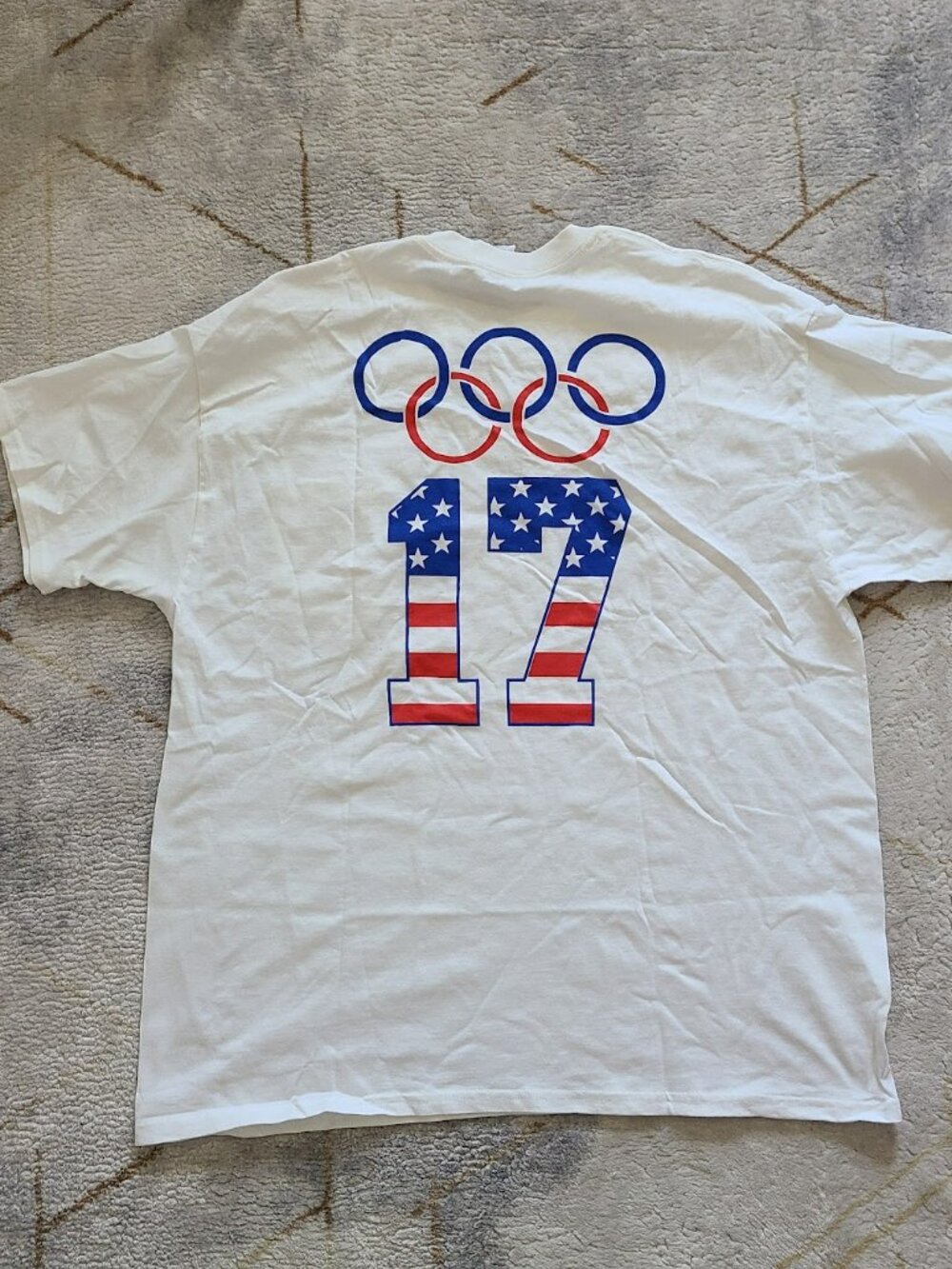 USA Olympic Graphic Tee XL White Back Print Rings Patriotic Pocket Shirt